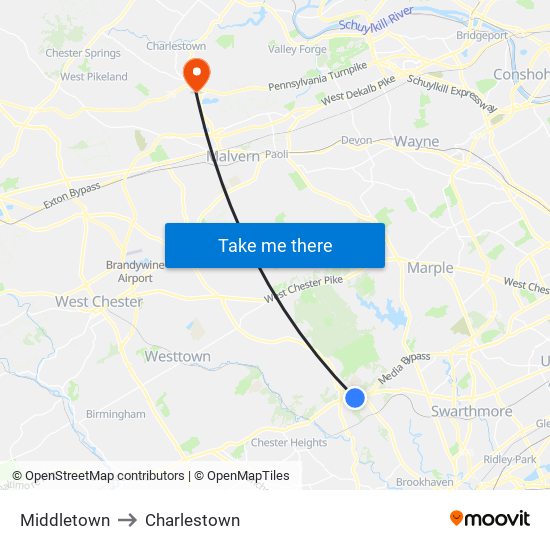 Middletown to Charlestown map