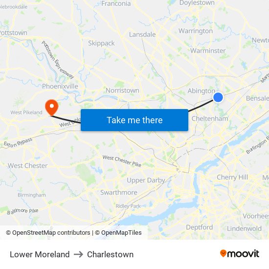 Lower Moreland to Charlestown map