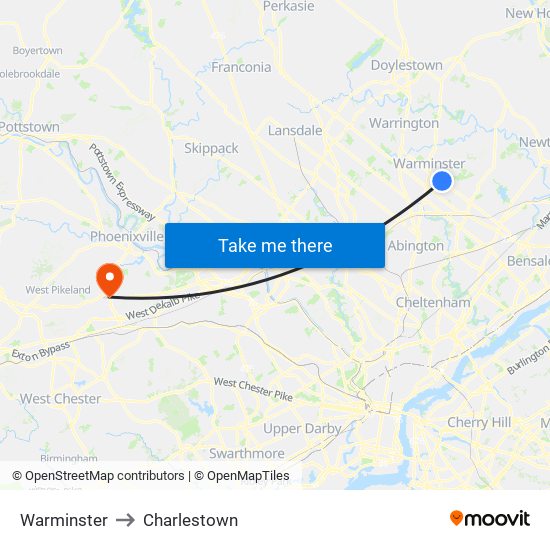 Warminster to Charlestown map