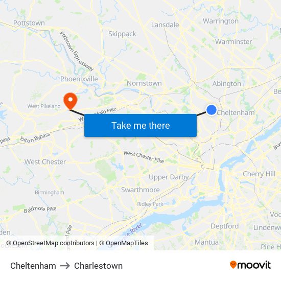 Cheltenham to Charlestown map