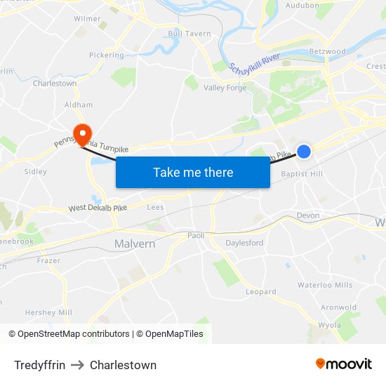 Tredyffrin to Charlestown map