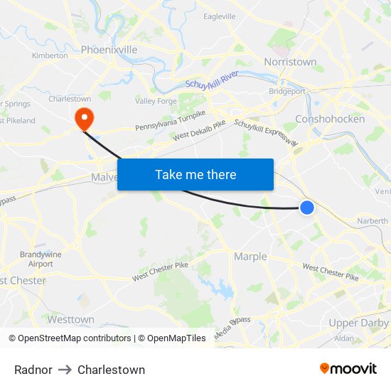 Radnor to Charlestown map
