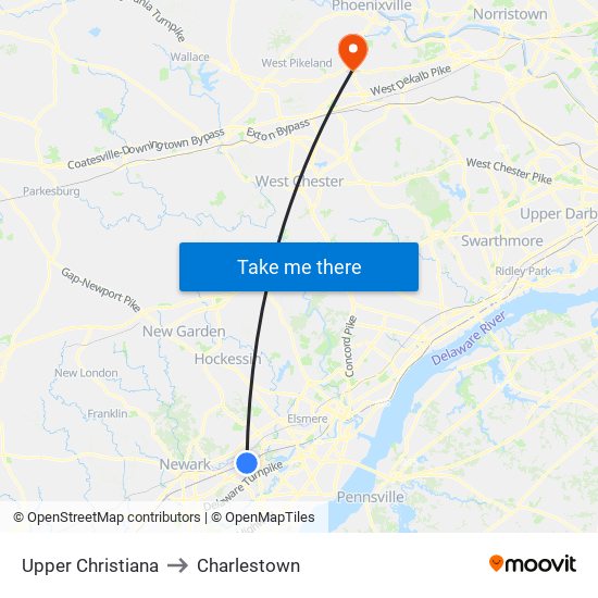 Upper Christiana to Charlestown map