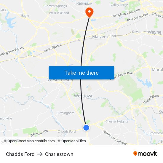 Chadds Ford to Charlestown map
