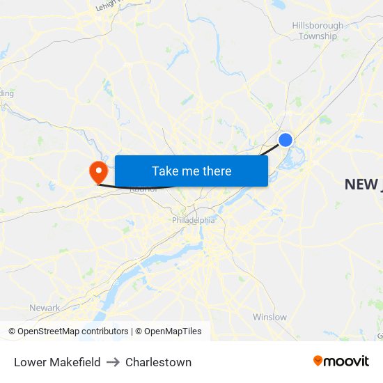 Lower Makefield to Charlestown map