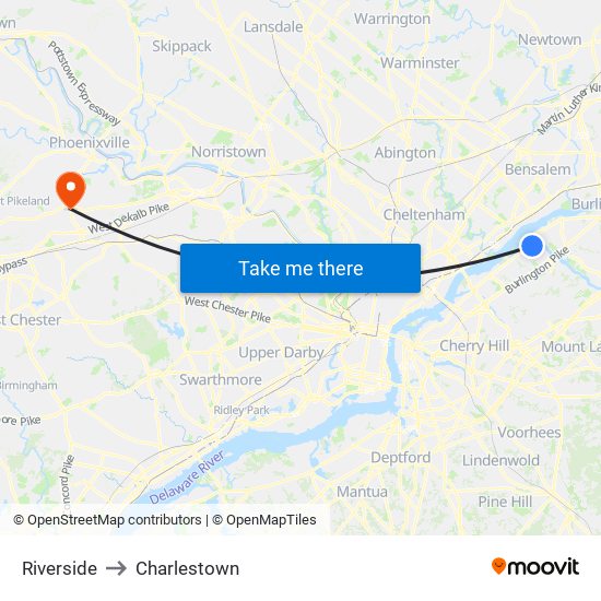 Riverside to Charlestown map