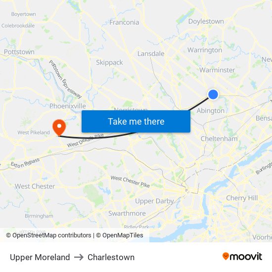 Upper Moreland to Charlestown map