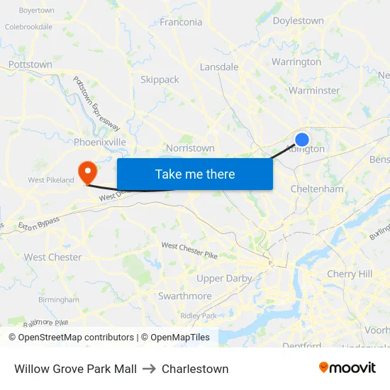 Willow Grove Park Mall to Charlestown map