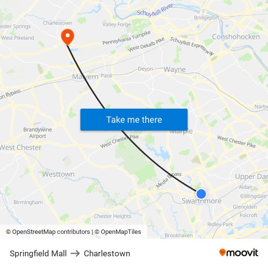 Springfield Mall to Charlestown map