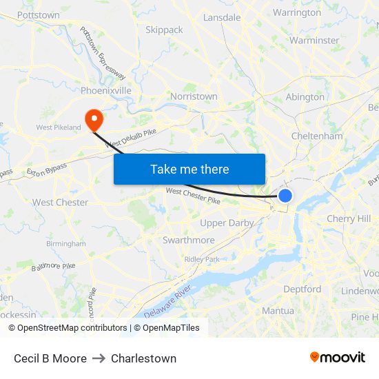 Cecil B Moore to Charlestown map