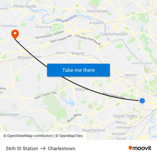 56th St Station to Charlestown map