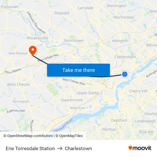 Erie Torresdale Station to Charlestown map