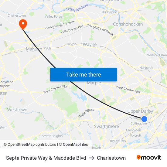 Septa Private Way & Macdade Blvd to Charlestown map