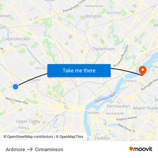 Ardmore to Cinnaminson map