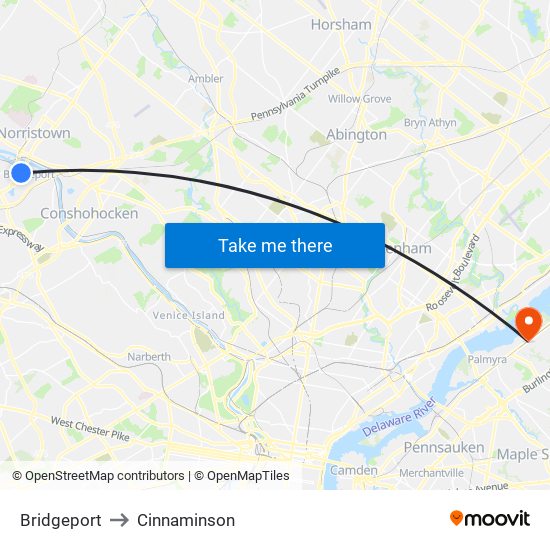 Bridgeport to Cinnaminson map