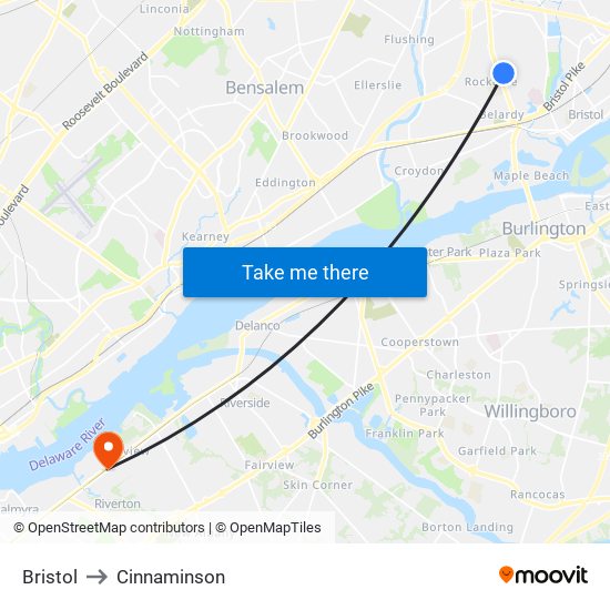 Bristol to Cinnaminson map