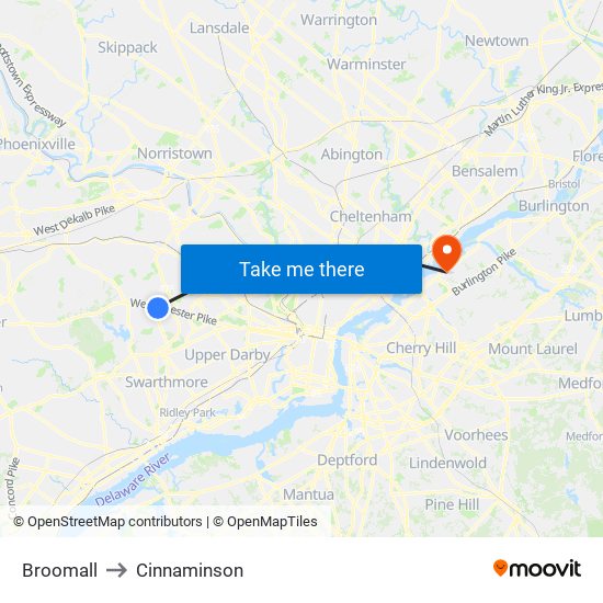 Broomall to Cinnaminson map