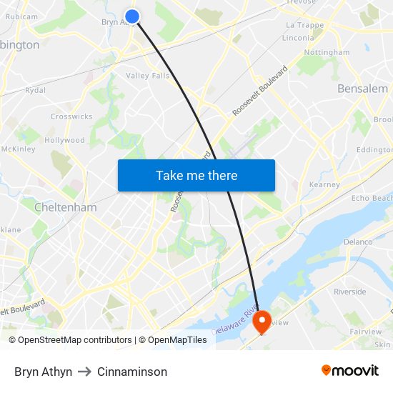Bryn Athyn to Cinnaminson map