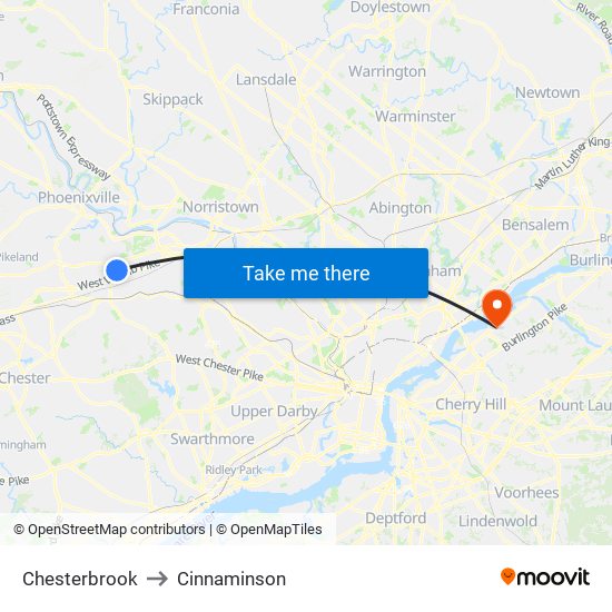 Chesterbrook to Cinnaminson map