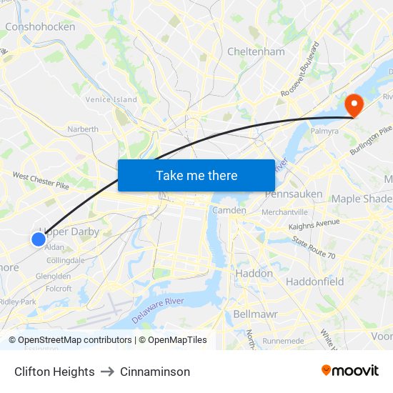 Clifton Heights to Cinnaminson map