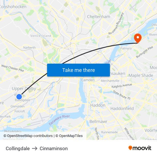 Collingdale to Cinnaminson map