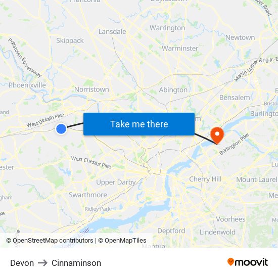 Devon to Cinnaminson map