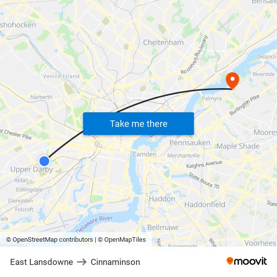 East Lansdowne to Cinnaminson map