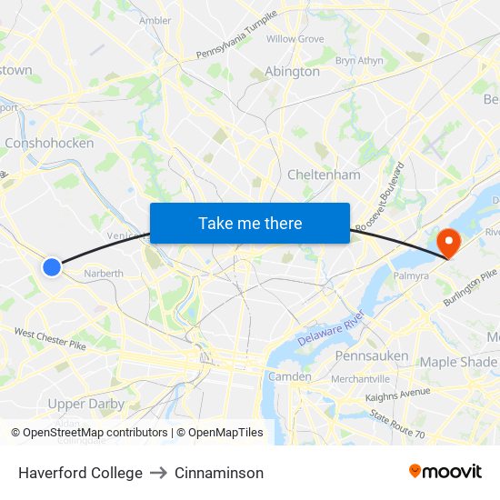 Haverford College to Cinnaminson map