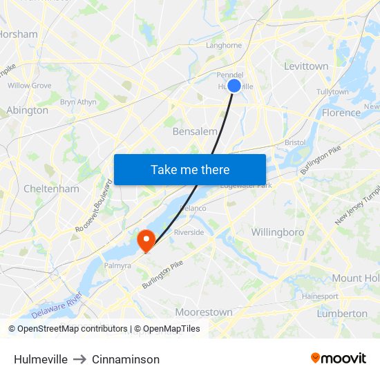 Hulmeville to Cinnaminson map