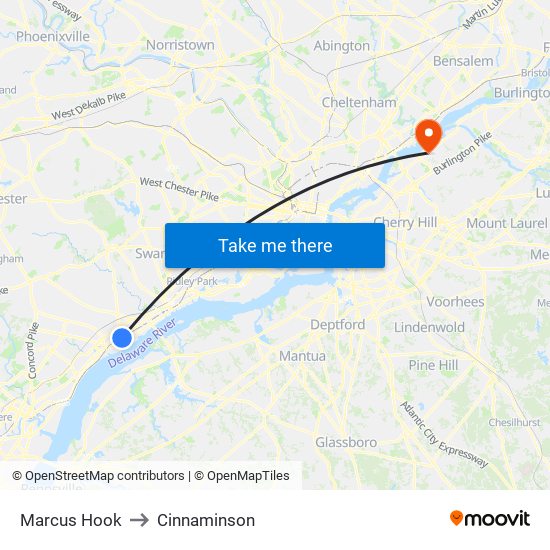 Marcus Hook to Cinnaminson map