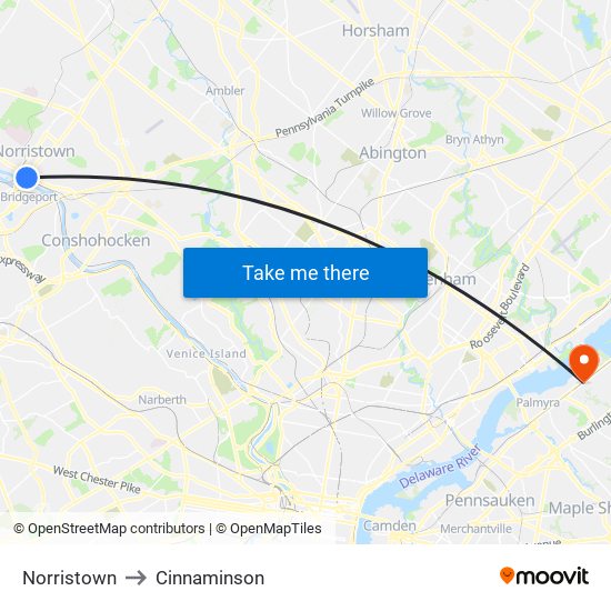 Norristown to Cinnaminson map