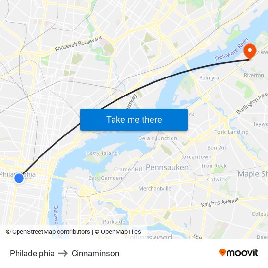 Philadelphia to Cinnaminson map