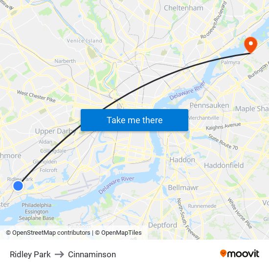 Ridley Park to Cinnaminson map