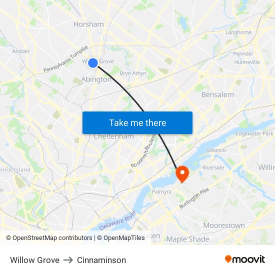 Willow Grove to Cinnaminson map