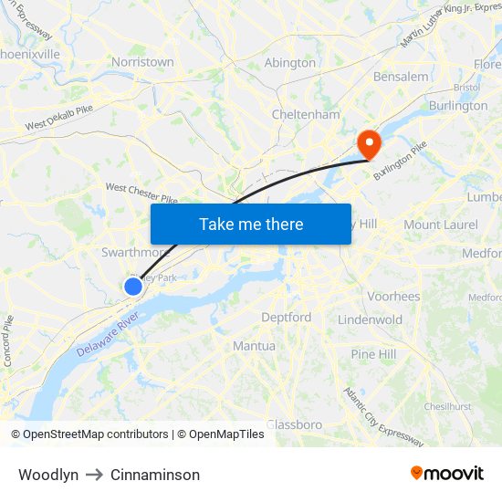 Woodlyn to Cinnaminson map