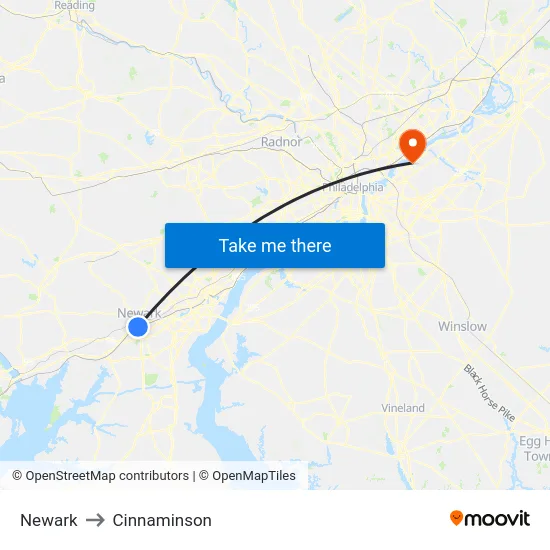 Newark to Cinnaminson map