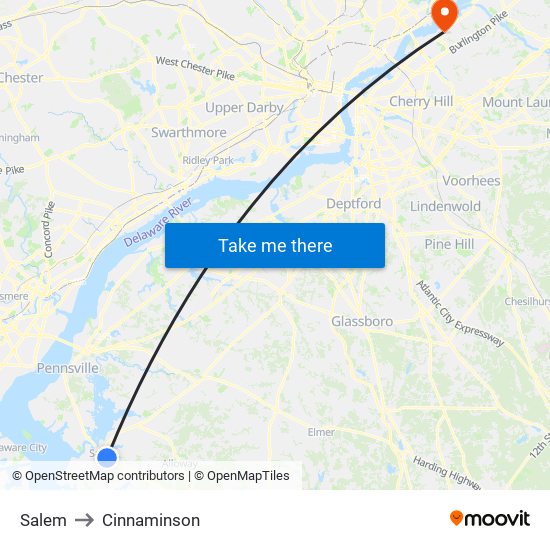 Salem to Cinnaminson map