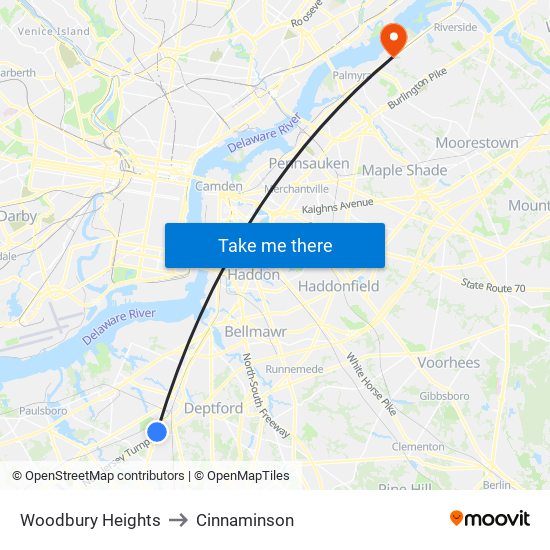 Woodbury Heights to Cinnaminson map