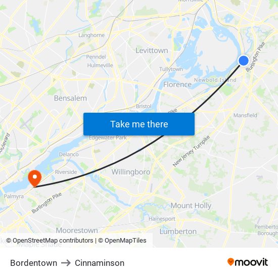 Bordentown to Cinnaminson map