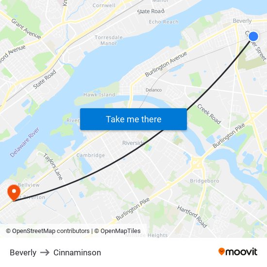 Beverly to Cinnaminson map
