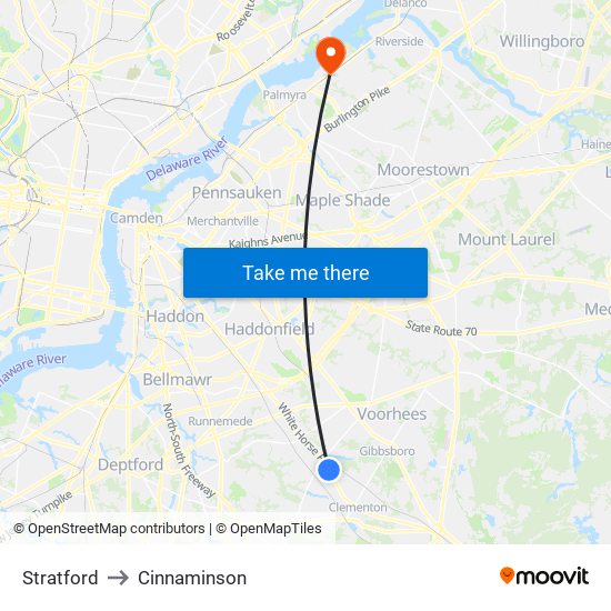Stratford to Cinnaminson map