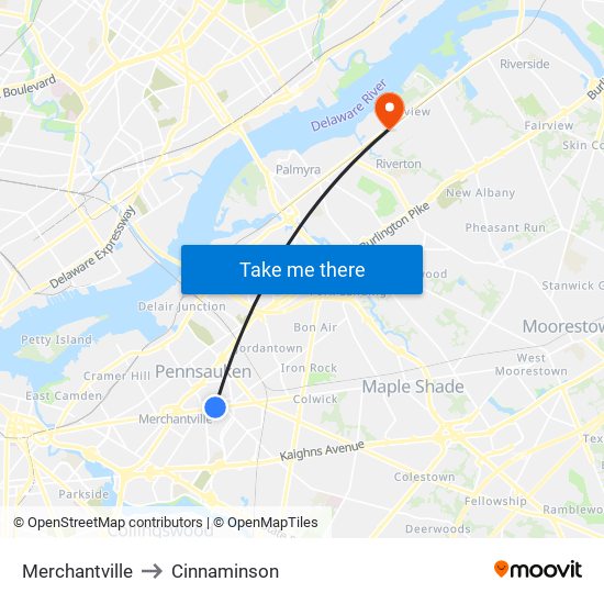 Merchantville to Cinnaminson map