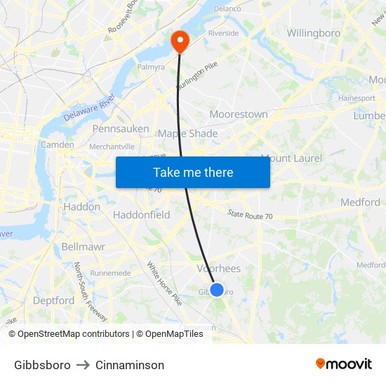 Gibbsboro to Cinnaminson map