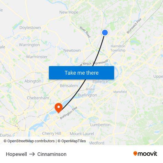 Hopewell to Cinnaminson map