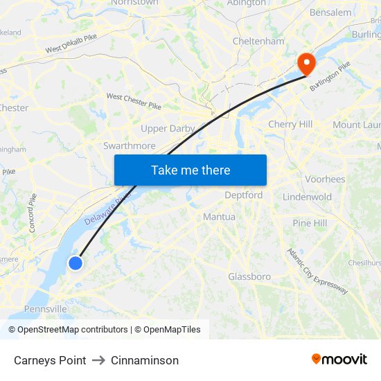 Carneys Point to Cinnaminson map