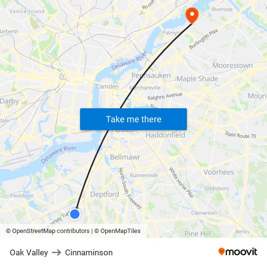 Oak Valley to Cinnaminson map
