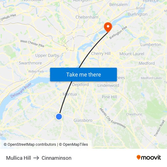 Mullica Hill to Cinnaminson map