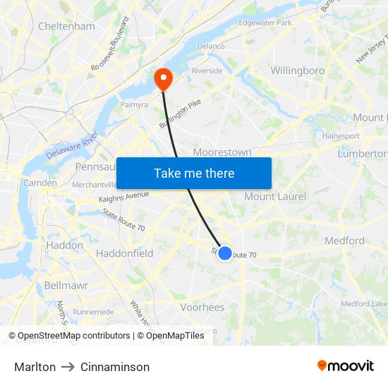 Marlton to Cinnaminson map