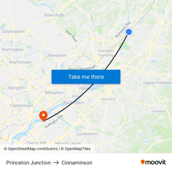 Princeton Junction to Cinnaminson map