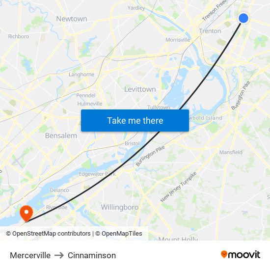 Mercerville to Cinnaminson map